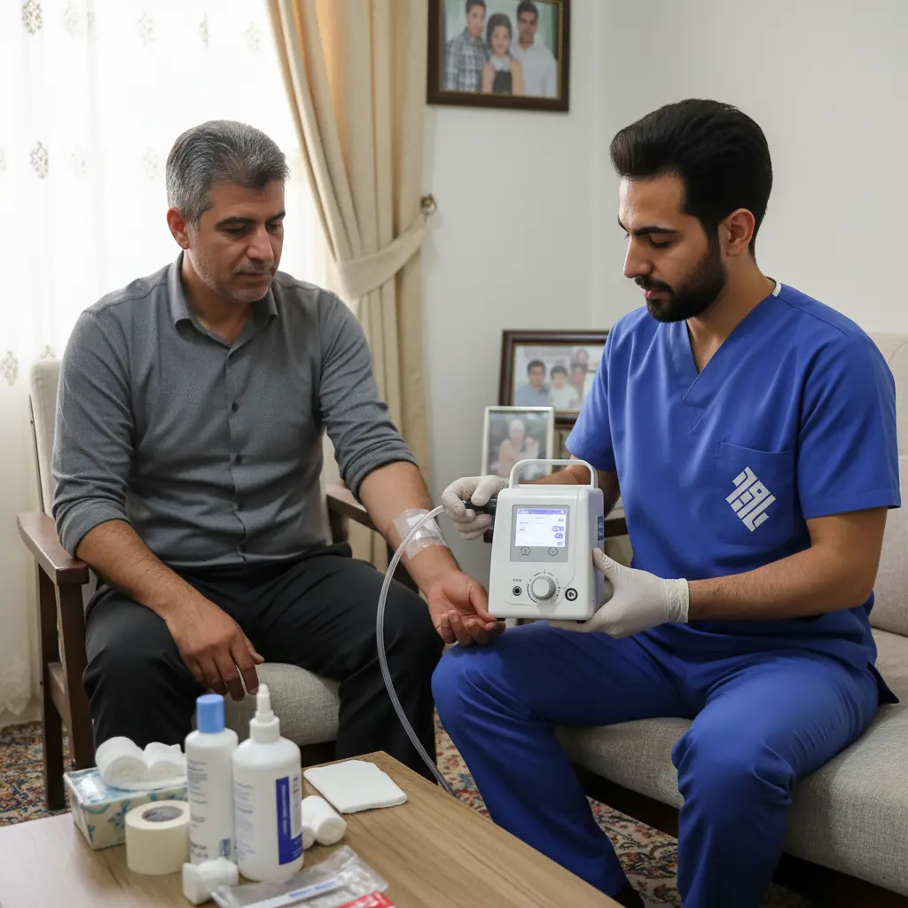متخصص زخم نوین درمان درحال وکیوم تراپی در خانه بیمار
