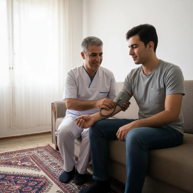 پرستار نوین درمان درحال چککردن فشار خون بیمار در منزل در اصفهان